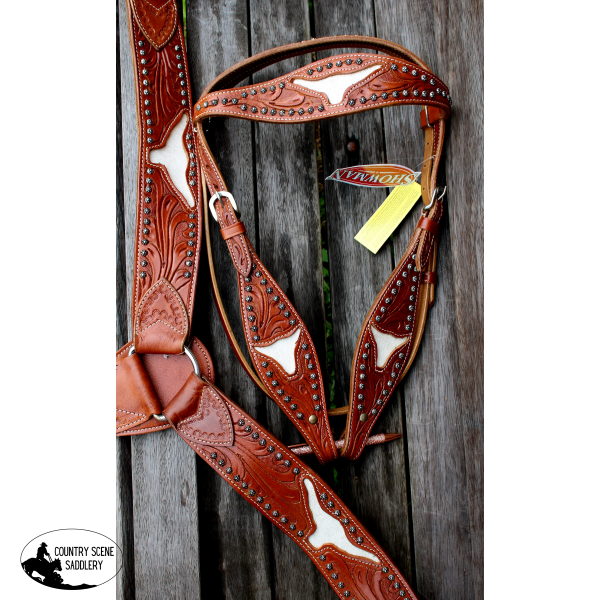 New! Leather double stitched tooled browband headstall and breastcollar.