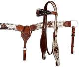 NEW! Leather double stitched wide browband headstall, reins and breastcollar set with  hair on cowhide inlay. - Country Scene Saddlery and Pet Supplies