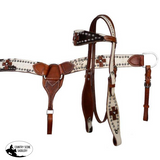 NEW! Leather double stitched wide browband headstall, reins and breastcollar set with  hair on cowhide inlay. - Country Scene Saddlery and Pet Supplies