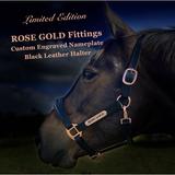 Leather Halter - Rose Gold Fittings with Engraved Horse Nameplate - Country Scene Saddlery and Pet Supplies