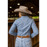 New! LIGHT WASH STRETCH DENIM STITCHED PERFORMANCE RODEO SHIRT