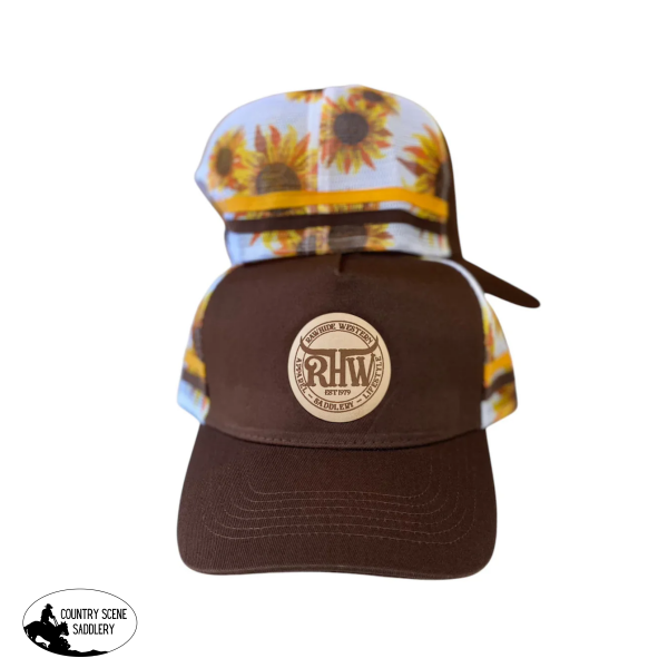 P4208 - Rawhide Lifestyle brown sunflower Leather Patch Country Trucker Cap Caps