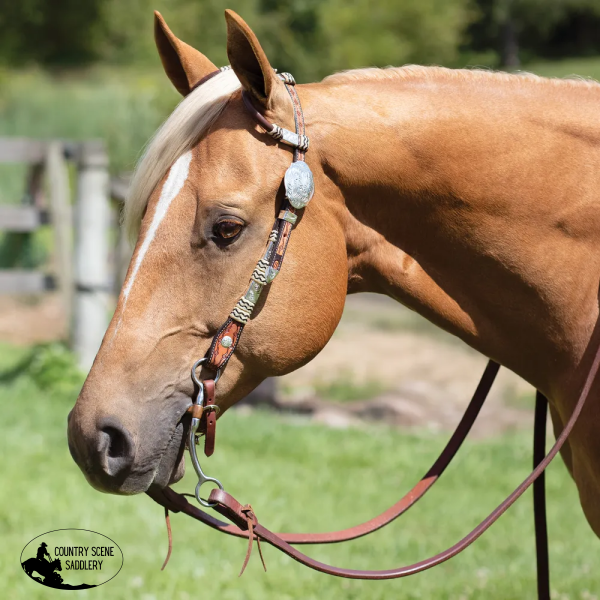 New! Schneiders® Two Ear Tooled Show Headstall with Rawhide Accents Full Draft Horse Girth