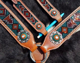 Set with teal, red, and orange crystal rhinestone diamond design inlay. - Country Scene Saddlery and Pet Supplies
