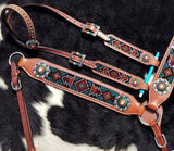 Set with teal, red, and orange crystal rhinestone diamond design inlay. - Country Scene Saddlery and Pet Supplies