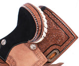 12" Double T Youth Barrel Style Saddle with hand floral tooling. - Country Scene Saddlery and Pet Supplies