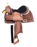 12" Double T Youth Barrel Style Saddle with hand floral tooling. - Country Scene Saddlery and Pet Supplies