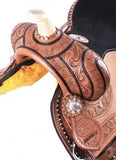 12" Double T Youth Barrel Style Saddle with hand floral tooling. - Country Scene Saddlery and Pet Supplies