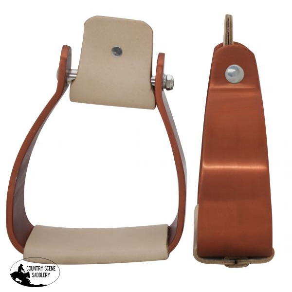 New! Showman Angled Off Set Copper Colored Aluminum Stirrups. Lightweight design. Smooth Light colored Leather tread