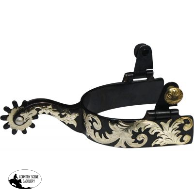 New! Showman black steel spur with 1’’ band and 3’’ shank. Details are engraved silver scrolling