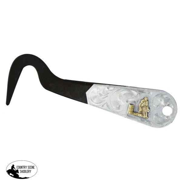 New! Showman Brown steel silver barrel racer engraved hoof pick. Measures 6’’ long