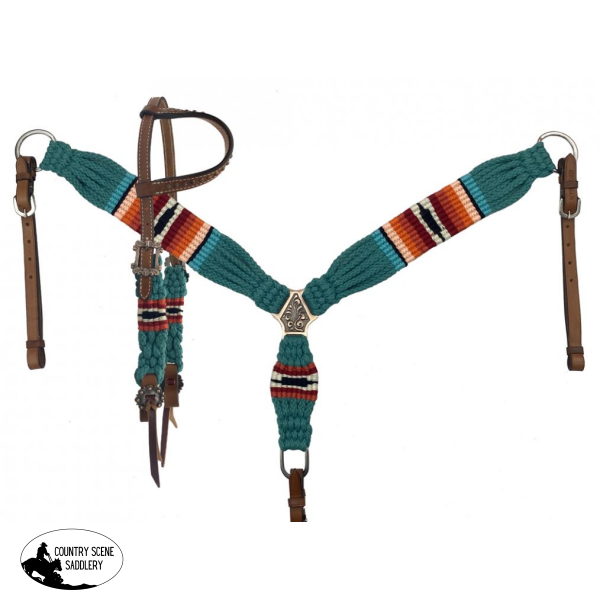 NEW!Showman Corded One Ear Headstall & Breast collar set - teal orange and red