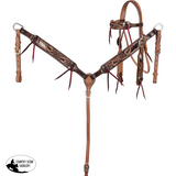 Showman cowhide browband headstall and breast collar set with hair-on hide and tooled leather western horse tack