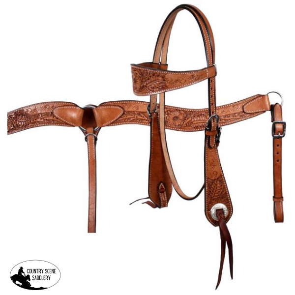 New! Showman Double Stitched Leather Wide Browband Headstall And Breast Collar Set With Floral