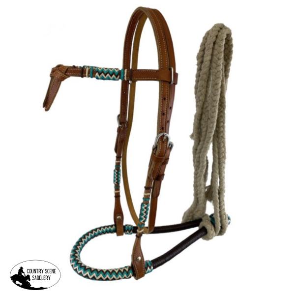New! Showman Fine quality teal and black rawhide core show bosal with a cotton mecate rein Bosal Set