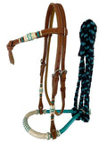 New! Showman™ Fine quality teal and natural rawhide core show bosal with a cotton mecate rein. - Country Scene Saddlery and Pet Supplies