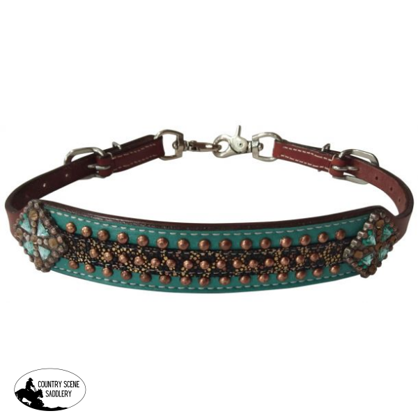 New! Showman Gold Metallic cheetah print wither strap with teal accent and beading