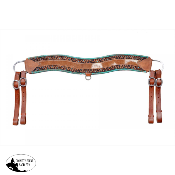 New! Showman Hair On Cowhide Leather Tripping Collar With Teal Rawhide And Beads Floral Tooling