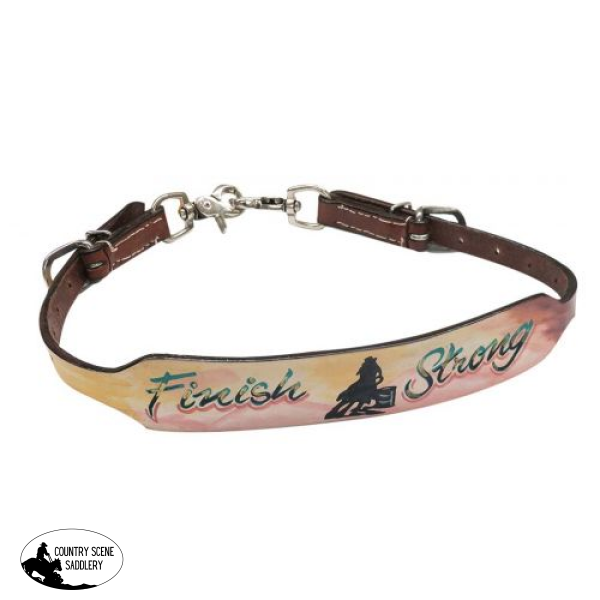 New! Showman Hand painted ’ Finish Strong’ wither strap with barrel racer design wither strap