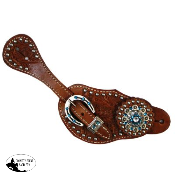 New! Showman Ladies spur strap with acorn tooling accented with blue crystal rhinestones Bit