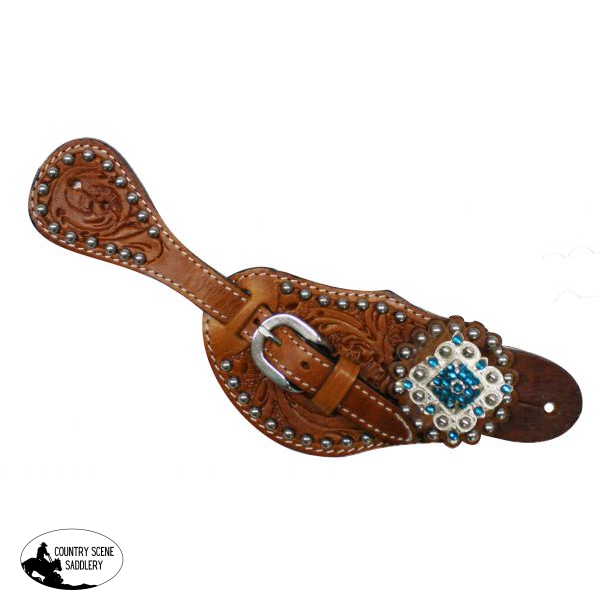 New! Showman Ladies Tooled Leather Spur Straps with Diamond Shaped Blue Rhinestone Conchos(Copy) Bit