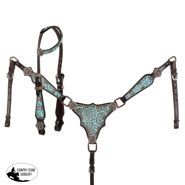 New! Showman Limited Edition Teal Rose One Ear Headstall And Breastcollar Set Tack Sets