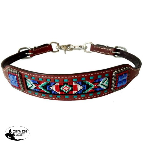 New! Showman Medium leather wither strap beaded Navaho design inlay with blue Concho accent