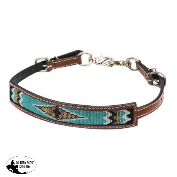 New! Showman Medium leather wither strap with beaded inlay - teal and gold cross wither strap