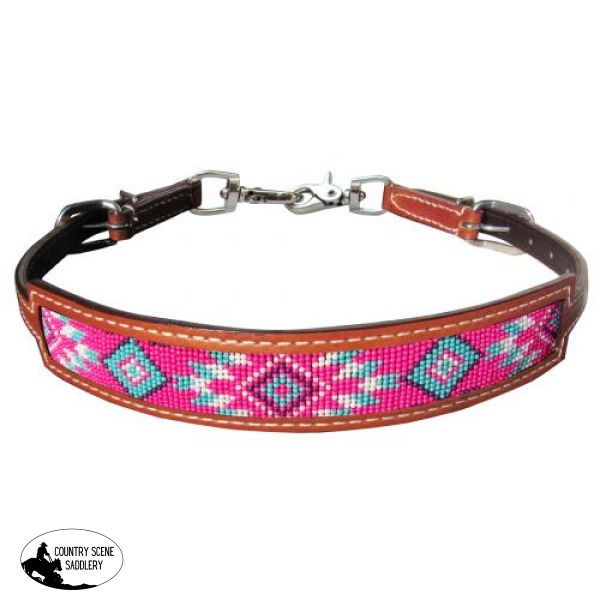 New! Showman Medium leather wither strap with pink navajo design inlay wither strap