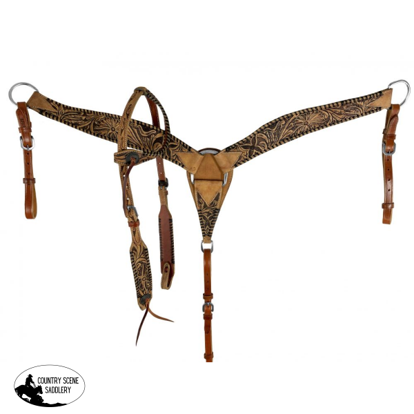 New! Showman Medium Oil Leather One Ear Headstall And Breast Collar Set. Full/Cob All Tack