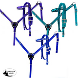 New! Showman Nylon headstall and breast collar set with stitched trim and crystal rhinestone conchos
