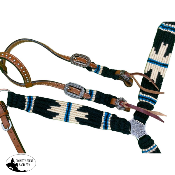 New! Showman Pony Size Corded One Ear Headstall & Breast Collar Set - Black White And Blue