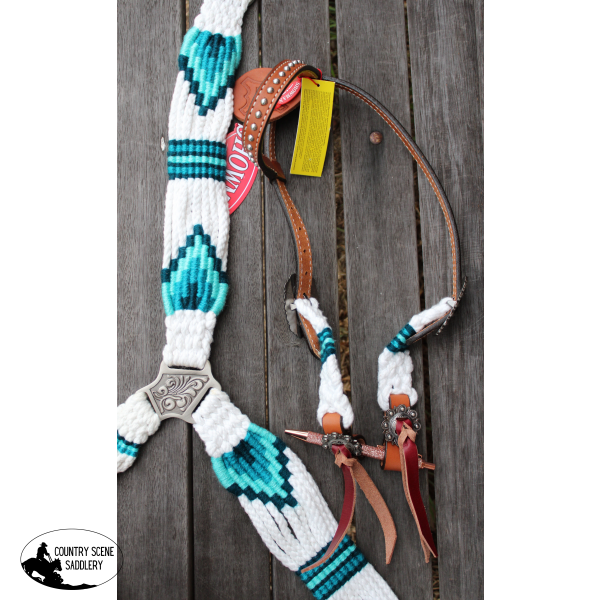 New! Showman Pony Size Corded One Ear Headstall & Breast Collar Set - White And Teal