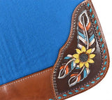 Showman ® 31" x 32" x 1" Turquoise felt saddle pad with hand painted sunflower and feather design. - Country Scene Saddlery and Pet Supplies