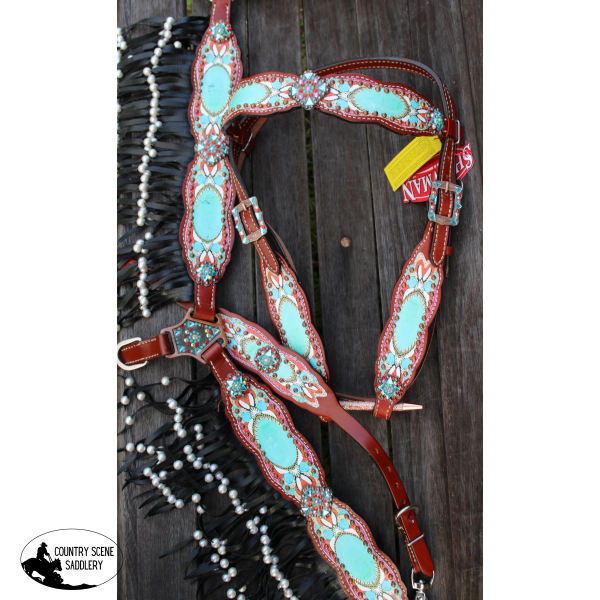 New! Showman ® Antique Inspired Print Overlay Headstall Breast Collar And Wither Strap Set With