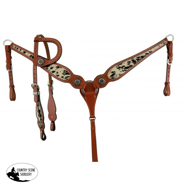 202686 Showman ® Black And White Hair On Cowhide Single Ear Headstall Breast Collar Set. Rhinestone