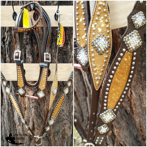 New! Showman ® Cowhide Inlay Browband Headstall And Breast Collar.