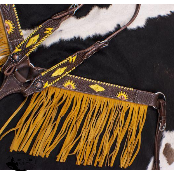 New! Showman ® Dark Oil Hand Painted Sunflower Single Ear Headstall And Breast Collar Set With