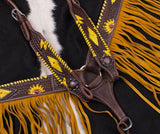 New! Showman ® Dark Oil, Hand Painted Sunflower Single Ear Headstall and Breast collar Set with Fringe. - Country Scene Saddlery and Pet Supplies