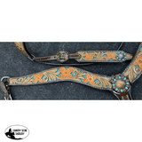 Showman ® Floral Tooled Design Browband Bridle With Teal Underlay Rawhide Braided Headstall And