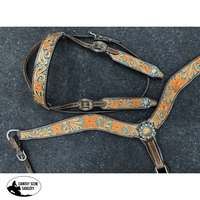 Showman ® Floral Tooled Design Browband Bridle With Teal Underlay Rawhide Braided Headstall And