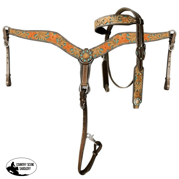 Showman ® Floral Tooled Design Browband Bridle With Teal Underlay Rawhide Braided Headstall And