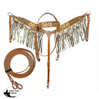 New! Showman ® Gold Fringe Tooled Leather Headstall And Breast Collar Set