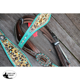 New! Showman ® Hair on Cheetah inlay with metallic teal headstall and breastcollar. - Country Scene Saddlery and Pet Supplies
