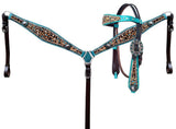 New! Showman ® Hair on Cheetah inlay with metallic teal headstall and breastcollar. - Country Scene Saddlery and Pet Supplies