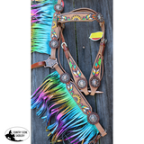 New! Showman ® Hand Painted Feather Sunflower And Cactus Brow Band Headstall Breast Collar Set.