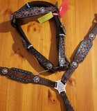 Showman ® Hand painted floral tooled headstall and breast collar with teal buck stitch. - Country Scene Saddlery and Pet Supplies