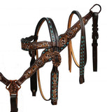 Showman ® Hand painted floral tooled headstall and breast collar with teal buck stitch. - Country Scene Saddlery and Pet Supplies