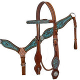 Showman ® Headstall and Breast Collar Set with Teal and Brown Filigree Print. - Country Scene Saddlery and Pet Supplies
