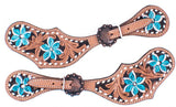 Showman ® Ladies Hand painted turquoise flower spur straps with copper hardware. - Country Scene Saddlery and Pet Supplies